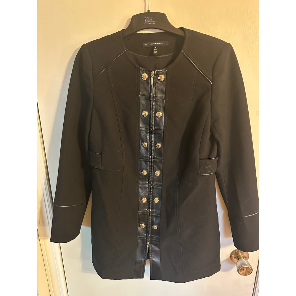White House Black Market Black Faux Leather Trim‎ Military Jacket Womens Size S